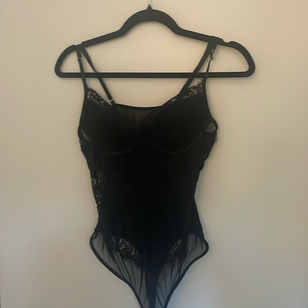 Black mesh and lace bodysuit